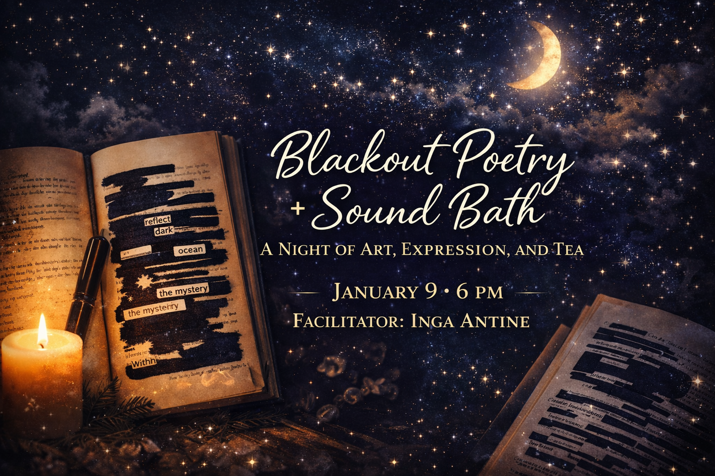 BLACKOUT POETRY + SOUND BATH ART